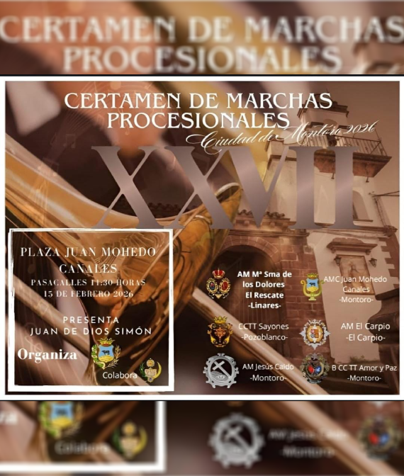 Cartel del Certamen de Marchas Procesionales 2026 de Montoro con actuación de la Banda de Música Juan Mohedo
