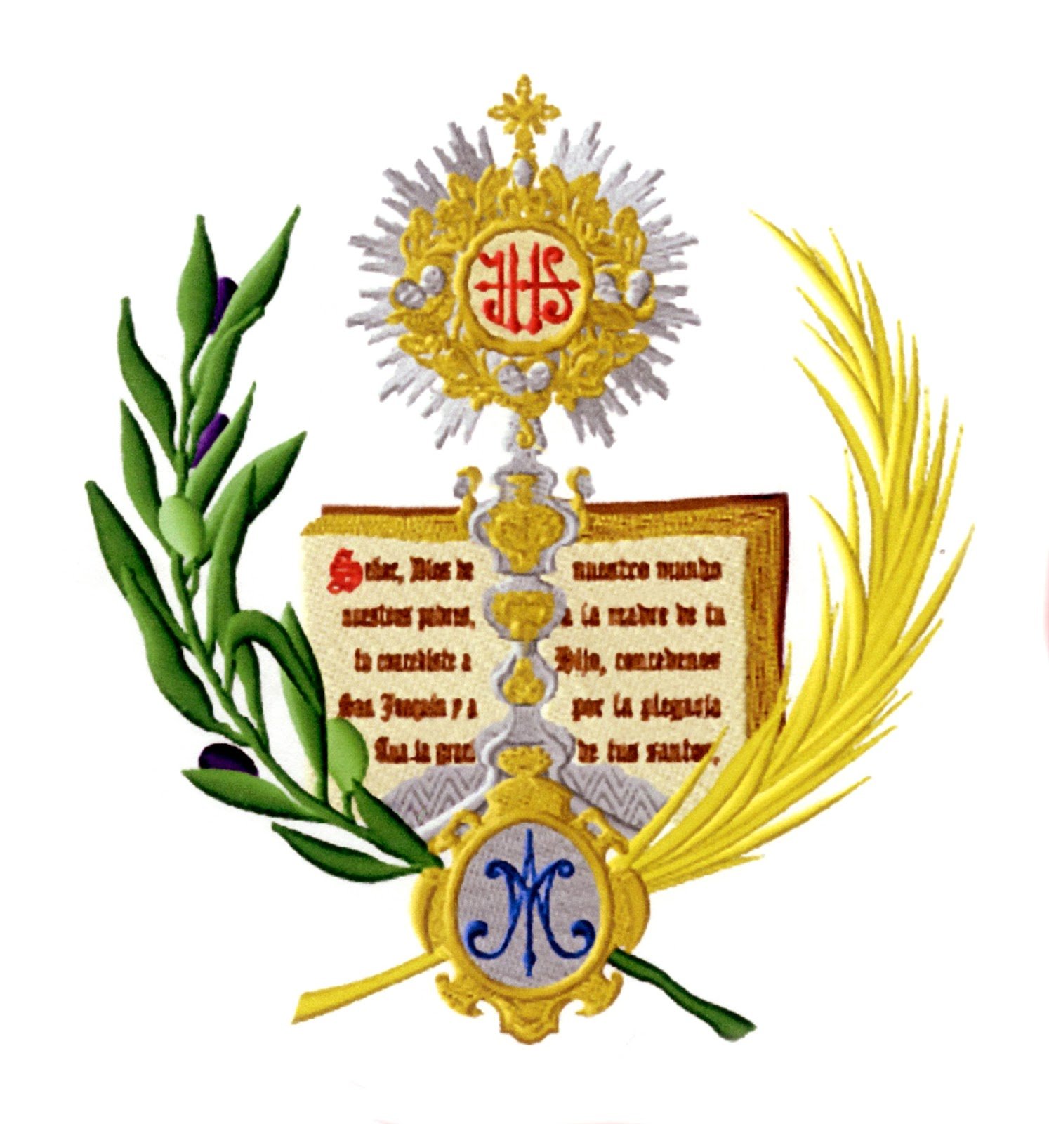 Emblema de la Cofradía de la Entrada Triunfal de Jesús en Jerusalén y María Santísima del Amor y la Paz Madre protectora de la Infancia con los abuelos San Joaquín y Santa Ana y muy antigua y Piadosa Hermandad de Ntro. Padre Jersús del Calvario de Montoro