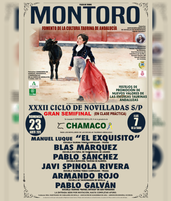 Cartel del XXXII Ciclo de Novilladas 2026 de Montoro 2026 con actuación de la Banda de Música Juan Mohedo